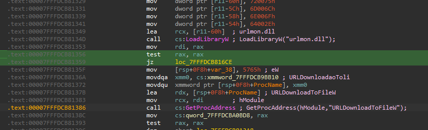 A screenshot from your debugger or IDA showing the\u00a0<code>LoadLibraryW</code>\u00a0call for &ldquo;urlmon.dll&rdquo;