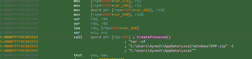 A screenshot showing the\u00a0<code>CreateProcessW</code> calls.