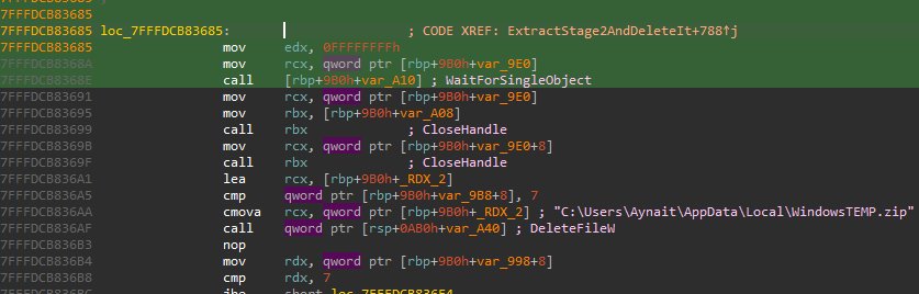A screenshot showing the\u00a0<code>DeleteFileW</code> calls.