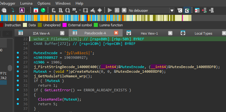 IDA Pro showing mutex creation logic